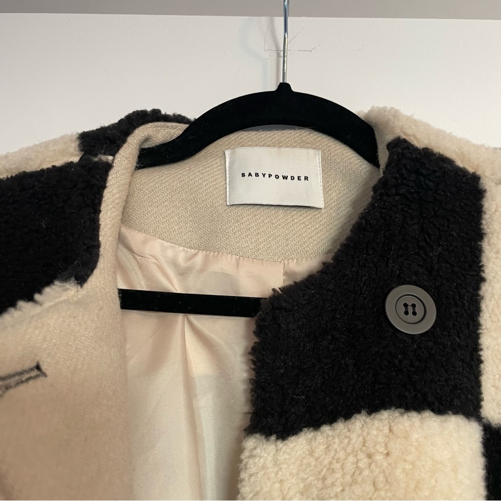 Collarless Checked Shearling Jacket, Black - image 6